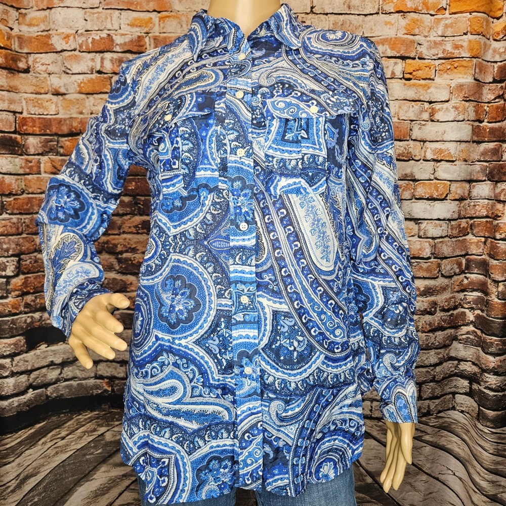 Lauren Ralph Lauren Blue Paisley Cotton Silk Button Down Shirt Womens Small